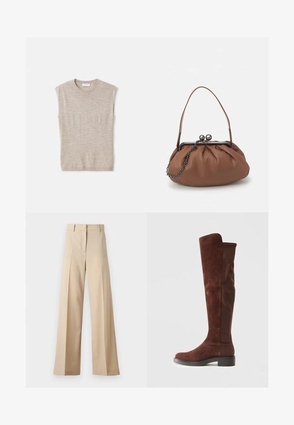 Vaaleanbeige hihaton paita pehmeästä materiaalista, jossa on pyöreä kaula-aukko, siistit linjat ja hieman väljää istuvuutta. Minimalistinen muotoilu.; Beige leveled trousers made from smooth fabric, featuring a flat front with folds, a zip fly, and belt loops. Overall tailored fit.; Korkeat ruskeat mokka- ja kangasbootsit, joissa on matala musta korko ja pyöreä kärki, näkyvät sivuprofiilissa yksinkertaisella valkoisella taustalla.; Ruskea nahkakäsilaukku, jossa on rypytetty muotoilu, lyhyt nahkahandling ja ketjuhihna. Varustettu hopeisella metallisoljella, jossa on kaksi pyöreää yksityiskohtaa.