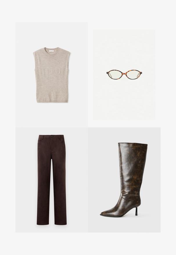 Ljusbeige ärmlös topp i mjukt material, med rund halsringning, rena linjer och en något lös passform. Minimalistisk design.; Raka mörkbruna mockabyxor med knapp- och dragkedjestängning framtill, bälteshällor och sidofickor.; Brun sliten läder knähöga stövel med spetsig tå och tunn stiletto-klack mot en vit bakgrund.; Sköldpaddsmönstrade glasögon med ovala linser och en elegant, slät yta. Har tunna sidor med en subtil kurva vid tinningarna. Klara linser.; Vävd beigemodell läderväska med en enkel axelrem, med rektangulär form och strukturerad yta. Justerbar remran inkluderad.