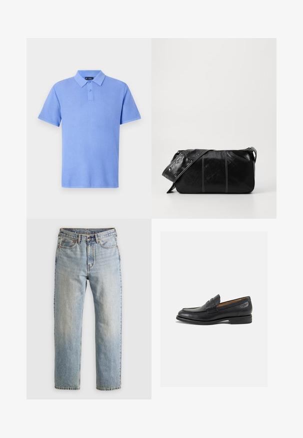 Koszulka polo w jasnoniebieskim kolorze, z krótkimi rękawami, z teksturowanej dzianiny, z trzema guzikami, kołnierzykiem i bez dodatkowych wzorów ani akcentów.; Jasnoniebieskie dżinsy z wysokim stanem, z guzikiem z przodu, zamkiem błyskawicznym i pięcioma kieszeniami, ułożone na płasko na neutralnym tle.; Czarne skórzane mokasyny o gładkim wykończeniu, zaokrąglonym nosku i dekoracyjnym przeszyciu na cholewce. Niski, warstwowy obcas i delikatny połysk.; Czarna skórzana torba na ramię z zamkiem błyskawicznym, charakteryzująca się teksturowanym korpusem, białymi przeszyciami oraz paskiem z srebrnymi osłonkami.
