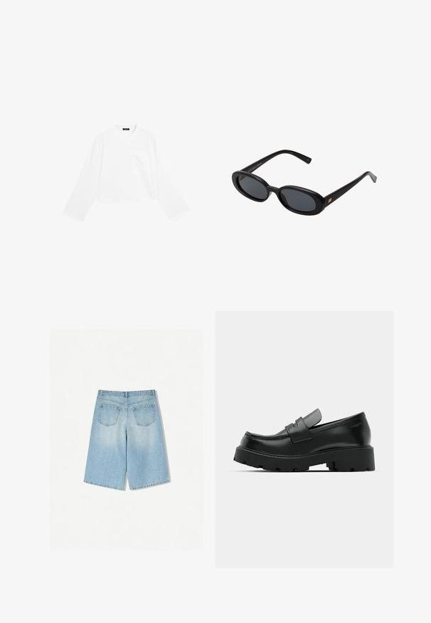 Bílý dlouhý rukáv cropped tričko vyrobené z bavlny, s kulatým výstřihem a jednou náprsní kapsou. Hladký povrch s minimalistickým designem.; Světle modré denimošortky s uvolněným střihem, mají dvě zadní kapsy a rovný střih nohavic. Čistý lem a jemná textura.; Černé kožené polobotky s robustní texturovanou podešví, se strapcem přes nárt a hladkým, lesklým povrchem.; Černé oversized sluneční brýle s oválnými čočkami, hladkým plastovým rámem a zlatými akcenty na spáncích. Tmavé čočky poskytují ochranu před sluncem.