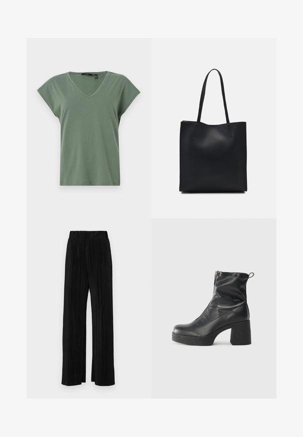 Tricou verde măsliniu cu decolteu în V și mâneci scurte, realizat dintr-un material moale. Prezintă o croială confortabilă și un design simplu, fără logo-uri vizibile.; Pantaloni negri plisati cu talie elastică. Prezintă picioare largi și un material neted, texturat, cu dungi verticale.; Bocanci negri de glezna din piele netedă, cu fermoar lateral, toc texturat și masiv, și design cu vârf rotund.; Geantă tote neagră din piele, cu textură netedă, formă rectangulară și două mânere lungi. Fără hardware vizibil sau ornamente.