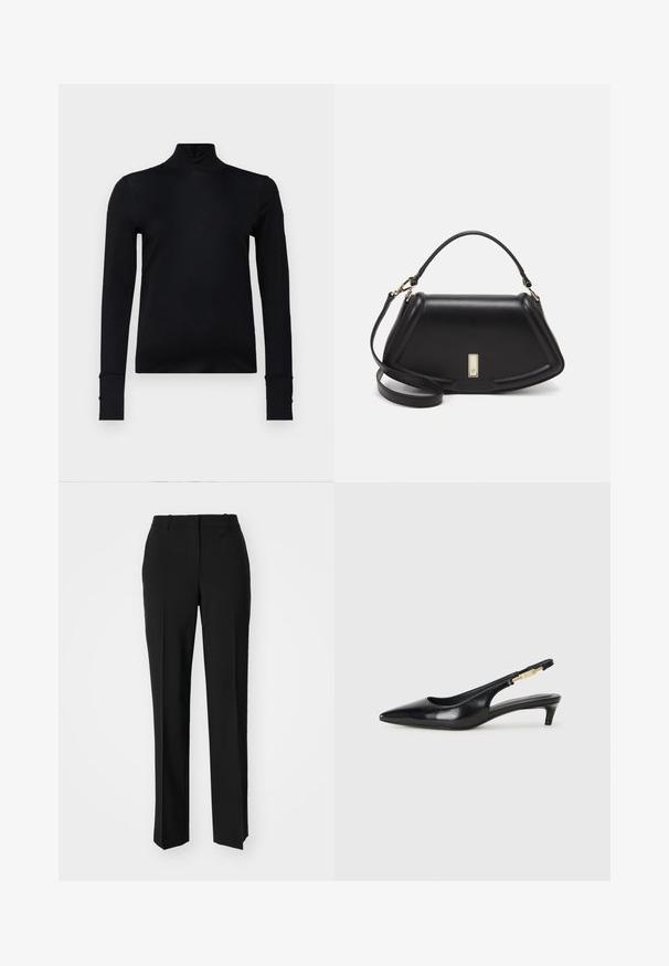Black long-sleeve turtleneck top made of smooth fabric, featuring a fitted silhouette and button accents on the cuff.; Black tailored trousers with a straight-leg design, featuring a smooth texture and crisp creases along the front. No visible hardware.; Black leather slingback heels with a pointed toe, featuring a slim heel and a gold-tone accent on the adjustable strap. Smooth texture.; Black leather handbag with a structured design, featuring a cropped shape, top handle, and gold hardware accent. Adjustable shoulder strap included.