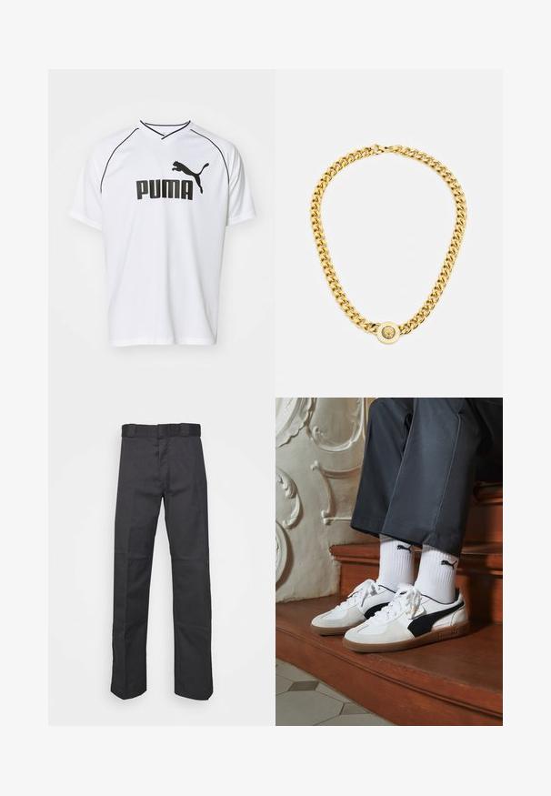 Valge lühikeste varrukatega spordijersey, mis on valmistatud hingavast materjalist. Mustad aktsendid ja esiküljel silmapaistev must PUMA logo.; Mustadest kangast püksid, mis on valmistatud vastupidavast materjalist, sirge jala disainiga, vöökoha jaoks nööbid ja õmblused lisatekstuuri saavutamiseks.; Puma tossud valgest ja mustast südamikust, millel on pruun kummi tall. Kombineeritud valgete sokkidega, millel on must logo, kantud tumedate pükstega.; Kuldne kett kaelakee suurte omavahel ühendatud linkidega, mille keskel on ringikujuline ripats, millel on kõrgendatud emblem.