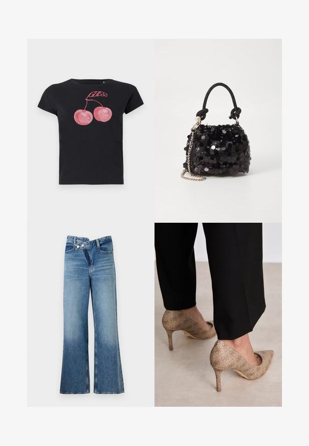 Čierne tričko vyrobené z bavlny s krátkymi rukávmi. Obsahuje grafiku dvoch ružových čerešní zdobených kryštálikmi a nad nimi je nápis "GUESS".; Svetlomodré denimové nohavice s rozšírenými nohavicami a vysokým pásom, so dvoma gombíkmi a prednými vreckami. Materiál má vyblednutú textúru s jemnými variáciami.; Béžové lodičky na vysokom opätku s textúrovanou tkaninou a opakujúcim sa vzorom. Dizajn so špicatou špičkou, zadným akcentom a zlatým detailom na opätku.; Čierna mini kabelka so štrasom, s uzlovým textúrovaným popruhom a strieborným reťazom. Guľatý tvar s riaseným vrchom a reflexnými detailmi.