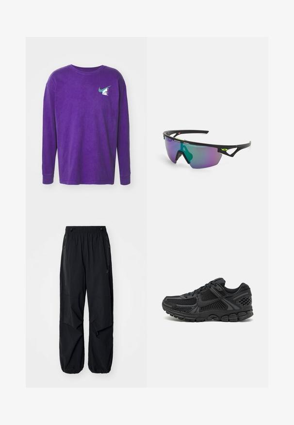 Vijolična dolga majica z dolgimi rokavi iz bombaža, ki ima turkizen Nike logotip in geometrijski detajl na levem prsnem delu. Gladka textura.; Črne lahke cargo hlače z elastičnim pasom, stranskimi zadrgami in prostornimi žepi. Imajo ohlapno prileganje in zožene manšete.; Črne športne čevlje z mrežasto zgornjico, gumijastim podplatom in teksturiranimi detajli. Oblikovanje vključuje izstopajoč sistem vezalk in oblazinjen podplat.; Športne sončna očala z črnim okvirjem, velikimi gradacijskimi lečami v vijoličnih in zelenih odtenkih ter oglatimi oblikovnimi poudarki z logotipom.