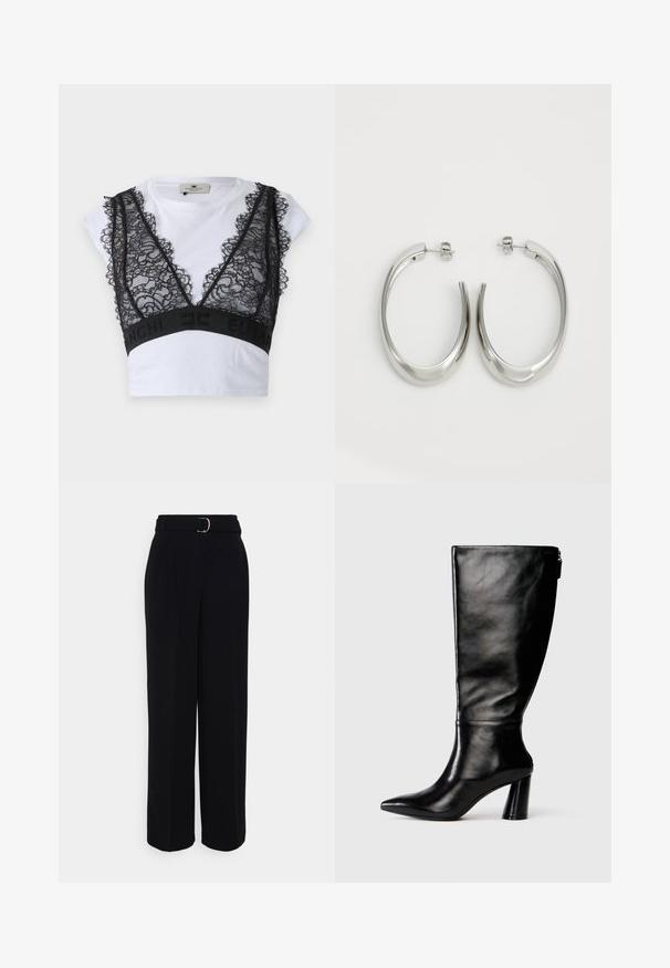 Bralette de renda preta com bordas em forma de onda sobre uma t-shirt branca de manga curta; apresenta uma faixa elástica preta com marca.; Calças pretas sob medida com um silhueta de perna larga, apresentando um cinto com uma fivela prateada, pregas e uma textura de tecido suave.; Bota de couro preta até o joelho com bico fino, textura lisa e salto robusto. Possui um fecho de zíper na parte traseira.; Pendentes de argola prateados com um design liso e curvado. Apresentam um acabamento metálico brilhante e fecho de pressão. Sem padrões ou detalhes visíveis.