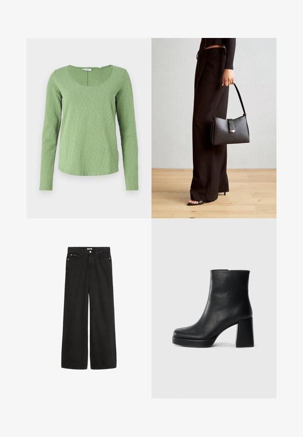Zöld, hosszú ujjú felső, lekerekített nyakkivágással, könnyű, texturált anyagból készült, finoman melírozott mintával.; Széles lábú fekete farmernadrág magas derékkal. Öt zseb, fémalkatrészek és letisztult kivitel jellemzi. A textúra sima és puha.; Fekete bőr bokacsizma tömbsarkal és platform talppal, oldalról nézve, sima fehér háttéren.; Fekete kézi táska strukturált formával, sima textúrával és fémből készült záródással. Széles fekete nadrággal és nyitott orrú szandállal párosítva, fából készült padlón.