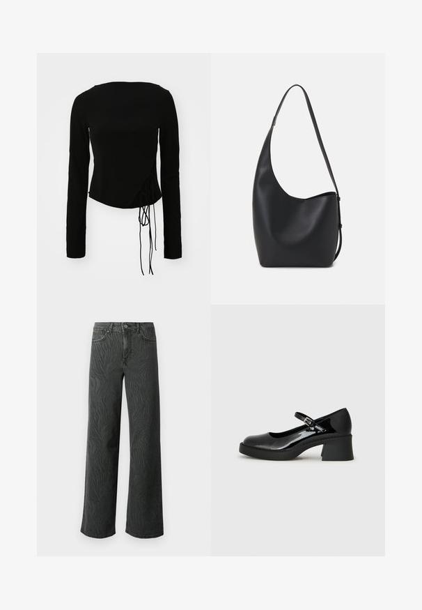Svart langermet topp med en tettsittende design, som har en sideknute-detalj og en noe cropped søm. Glatt stofftekstur.; Vide ben jeans i mørkegrå denim, med en subtil zebra-mønster tekstur, kontrast søm, og fem lommer med knappestol. ; Svart lakkert skinn Mary Jane-sko med avrundet tå, justerbar stropp og kraftig firkantet hæl. Har en teksturert såle.; Svart lær hobo-veske med glatt tekstur, buet form og enkelt justerbart stropp; har en bred åpning på toppen.
