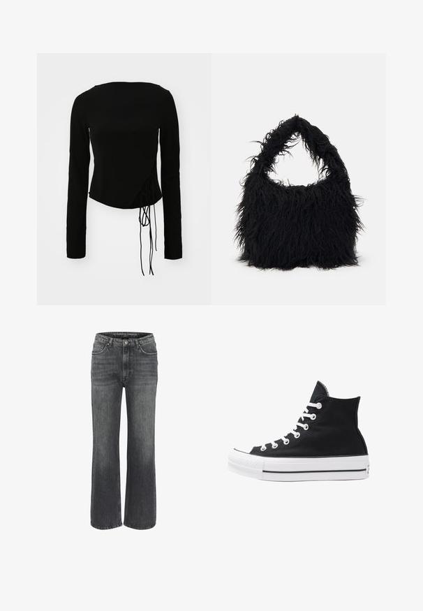 Black long-sleeve top with a fitted design, featuring a side tie detail and a slightly cropped hem. Smooth fabric texture.; Wide-leg jeans in dark gray denim, featuring a classic five-pocket design, stitched detailing, and a button closure at the waist.; High-top black canvas sneaker with white eyelets, laces, and rubber sole. Features a textured toe cap and black and white stripe accents.; Even&Odd Tote bag - black