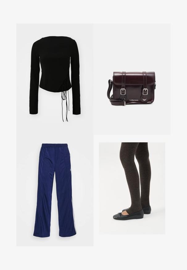 Black long-sleeve top with a fitted design, featuring a side tie detail and a slightly cropped hem. Smooth fabric texture.; Navy athletic pants with an elastic waistband, straight legs, and side zippers. Features white piping along the sides. Smooth fabric texture.; Black flat shoes with a small bow detail at the toe, paired with dark brown ribbed tights. Shoes have a smooth texture and low profile.; Burgundy patent leather crossbody bag with a rectangular shape, two straps, silver hardware, and a flap closure.