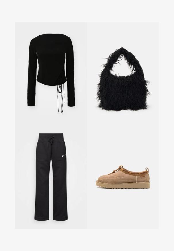 Musta pitkähiha toppi, jossa on istuva muotoilu, sivusolmukedetaili ja hieman lyhennetty helma. Silkkinen kankaan rakenne.; Mustat collegehousut, jotka on valmistettu puuvillasekoitteesta, joten niissä on kiristettävä vyötärö, suoralahkeisuus ja vasemmalla puolella valkoinen Nike-logo.; Vaaleanruskeat mokkanahkakengät, joissa on pyöreä kärki, koristeompeleet, nahkapinnoitteet ja kumipohja.; Even&Odd Shopping bag - black
