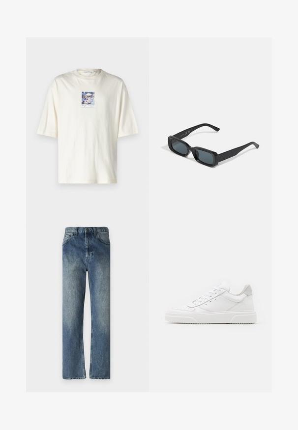 Lyhythihainen kerma T-paita, joka on valmistettu puuvillasta ja jossa on neliön muotoinen grafiikka New Yorkin katunäkymästä keskellä. Normaalin pyöreän kauluksen muotoilu.; Siniset farkut suora lahkeineen, joissa on haalistunut pesu, vyölenkit, etutaskut ja yksi takatasku.; Valkoiset nahkakengät, joissa on sileä pinta, pyöreä kärki, litteät nauhat ja teksturoitu pohja. Harmaa mokkanahka korostaa kantapäätä.; Mustat suorakulmion muotoiset aurinkolasit tummilla linsseillä. Kiiltävä kehys, suorat varret kevyellä kaarella. Minimalistinen muotoilu ilman koristeita.