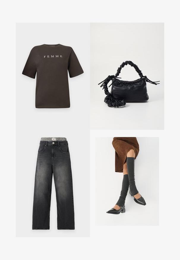 Bruine katoenen T-shirt met korte mouwen en een ronde halslijn, voorzien van het woord "FEMME" in het wit, gecentreerd op de voorkant.; Zwarte denim wijde jeans met een houndstooth patroon op de tailleband. Kenmerken zijn onder andere voorzakken en een knoopsluiting. Beschadigd textuur.; Zwarte gepatineerde leren pumps met een puntige neus, een blokhak en een enkelbandje, gecombineerd met grijze geribde beenwarmers en een bruine suède rok.; Zwarte nepleer handtas met een krokodillenstructuur, opgedroogde bovenkant en een gekreukte hengsel. Het lijkt zacht en compact van ontwerp.