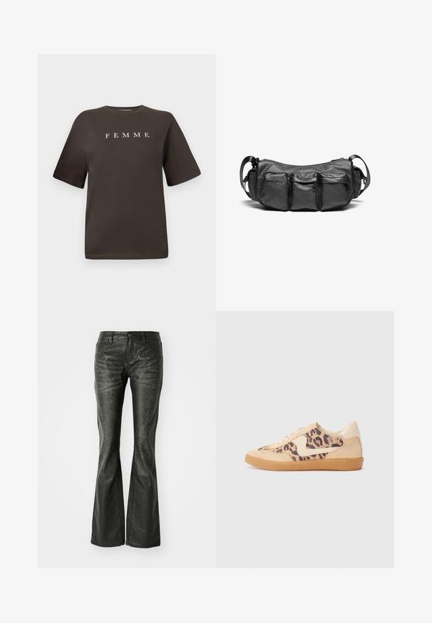 Brown cotton t-shirt with short sleeves and a round neckline, featuring the word "FEMME" in white, centered on the front.; Black faux leather flared jeans with front pockets, a metal button closure, and a slightly textured surface. Straight leg with a long cut.; Leopard print sneakers with beige suede upper, tan rubber sole, and white accents. Round toe and lace-up design with a textured finish.; Black leather crossbody bag with a textured finish. Features three exterior pockets and an adjustable strap. Compact, rounded shape.