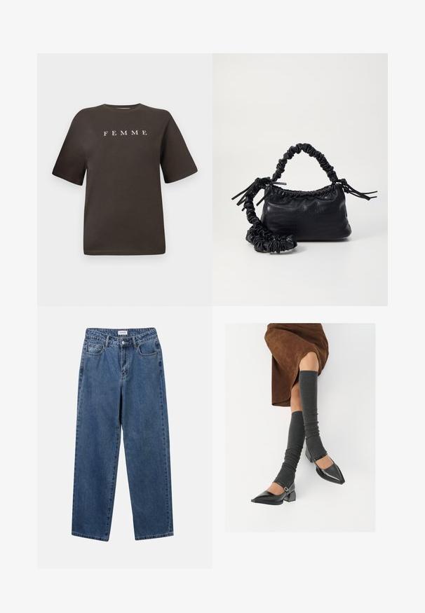 Tricou din bumbac maro, cu mâneci scurte și guler rotund, având cuvântul "FEMME" în alb, centrat pe față.; Jeans clasice din denim albastru, cu un design drept, cinci buzunare și închidere cu nasture. Prezentând o spălare medie și o textură rezistentă.; Pantofi negri din piele lacuită, cu vârful ascuțit, toc bloc și curea la glezna, asortați cu jambiere gri cu nervuri și o fustă din suede maro.; Geantă din faux leather neagră cu textură de crocodil, cu partea superioară strânsă și o curea mototolită. Pare moale și compactă ca design.