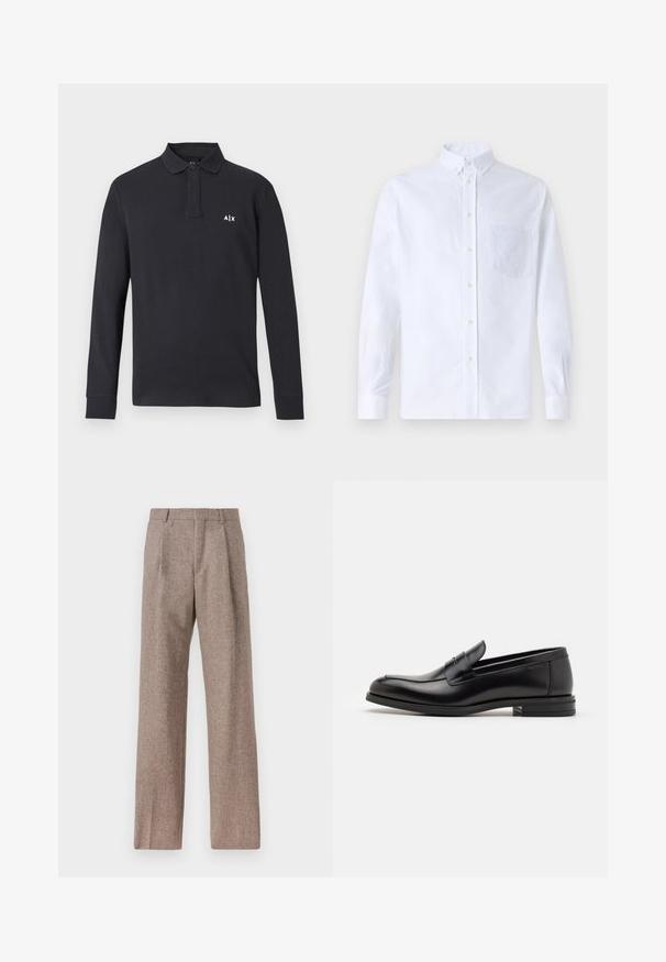 Černá polokošile s dlouhým rukávem, límečkem a knoflíkovou légou, s bílým logem "A|X" na levé části hrudníku.; Bílá dlouhá košile s knoflíky vyrobená z bavlny, která má náprsní kapsu s tónovanou výšivkou, límec a knoflíkové manžety.; Hnědé kalhoty s vysokým pasem vyrobené z texturované látky. Mají široké nohavice a dva přední sklady pro strukturu. Úhledné provedení bez viditelné kovových částí.; Černé kožené polobotky s hladkou texturou, zaoblenou špičkou a zdobným páskem přes nárt. Nízký stohovaný podpatek, minimalistický design.