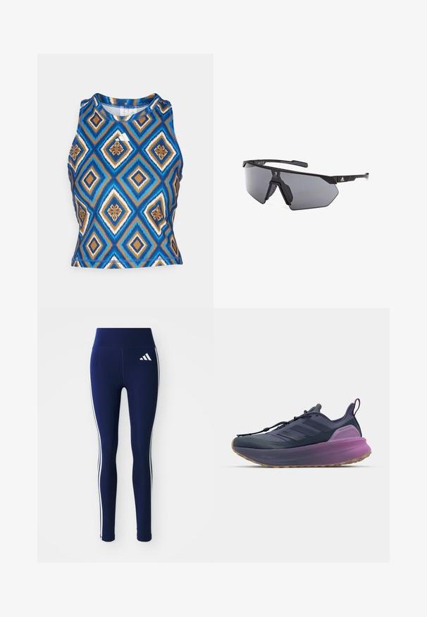 adidas Performance ADIDAS FARM RIO TANK - Top - night indigo/dark marine/cream white; Marineblauwe leggings van rekbaar materiaal, met een hoge taille en witte zijstrepen. Een klein wit logo is zichtbaar op de bovenkant van de dij.; adidas Performance ULTRABOOST 5 - Hardloopschoenen voor op de weg - shadow navy/legend ink/preloved purple; adidas Performance Sportbril - braun