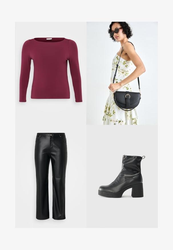 Long-sleeve top in burgundy, made of soft, stretchy fabric. Features a round neckline and fitted silhouette, with a smooth, uniform texture.; Black faux leather pants with a straight cut, featuring belt loops, front pockets, and a zip fly with a button closure. Smooth texture.; Black ankle boots made of smooth leather, featuring a side zipper, chunky textured heel, and rounded toe design.; Black leather handbag with a curved shape, detachable strap, and gold hardware. The bag features a flap with a buckle detail.