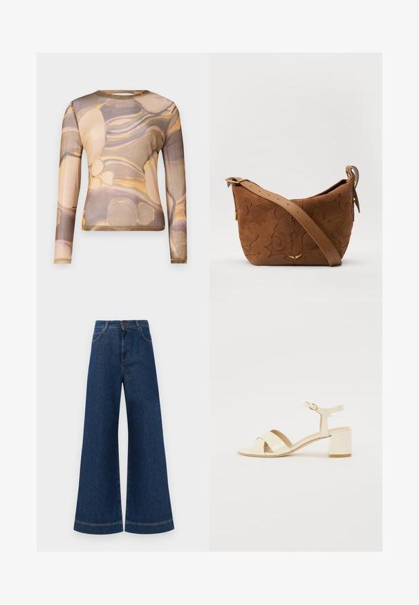 Maglietta a maniche lunghe in tessuto traslucido con un motivo astratto marrone e beige con accenti gialli. Collo rotondo e silhouette aderente.; Jeans in denim blu a gamba larga con vita alta, dotati di chiusura a bottone, passanti per cintura e dettagli di cucitura sottili lungo le tasche e i orli.; Sandali con tacco in pelle verniciata beige, design con cinturino incrociato, punta aperta, cinturino alla caviglia regolabile e tacco a blocco. Texture liscia.; Borsa a spalla in suede marrone con design floreale impresso, completata da una morbida tracolla in pelle marrone e dettagli in metallo dorato.