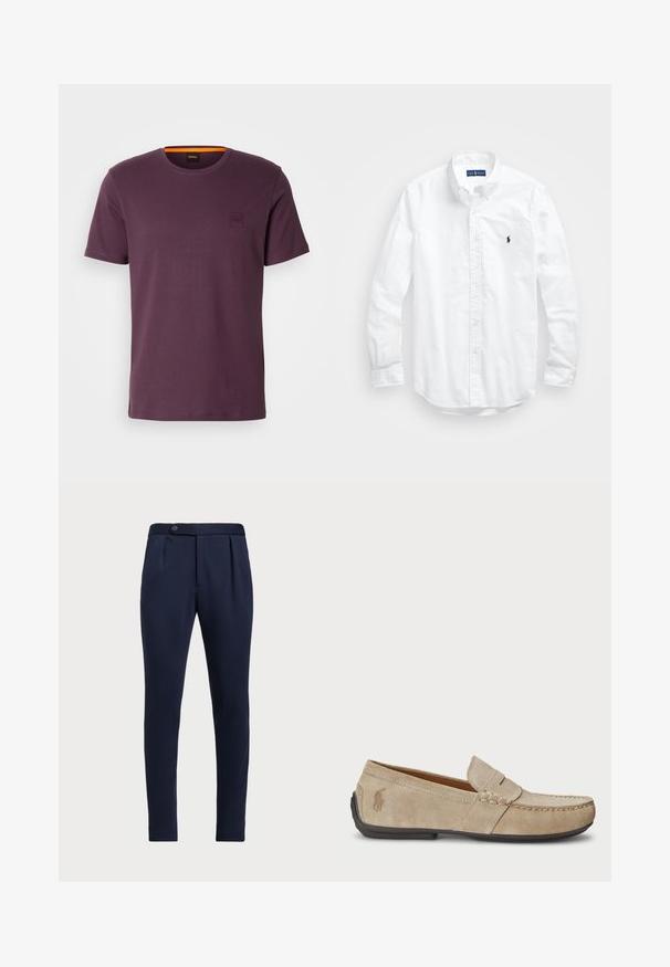 Lila puuvillane T-särk ümmarguse kaela, lühikeste varrukate ja väikese brodeeritud logoga vasakul rinnal. Sile tekstuur, regulaarne lõige.; Valkoinen pitkähihaisessa napitetussa paidassa, joka on valmistettu puuvillasta. Siinä on klassinen kaulus, napilliset hihansuut ja pieni tummansininen brodeerattu logo rinnassa.; Navy siniset räätälöidyt housut, joissa on tasainen etu, kaksi etupuolelle ommeltua laskosta ja yksi nappisulku, valmistettu sileästä, teksturoidusta kankaasta.; Beige mokasíny z semišu s prešívaním, plochou gumovou podrážkou a malým logom na boku. Klasický dizajn na obutie, jemná textúra.