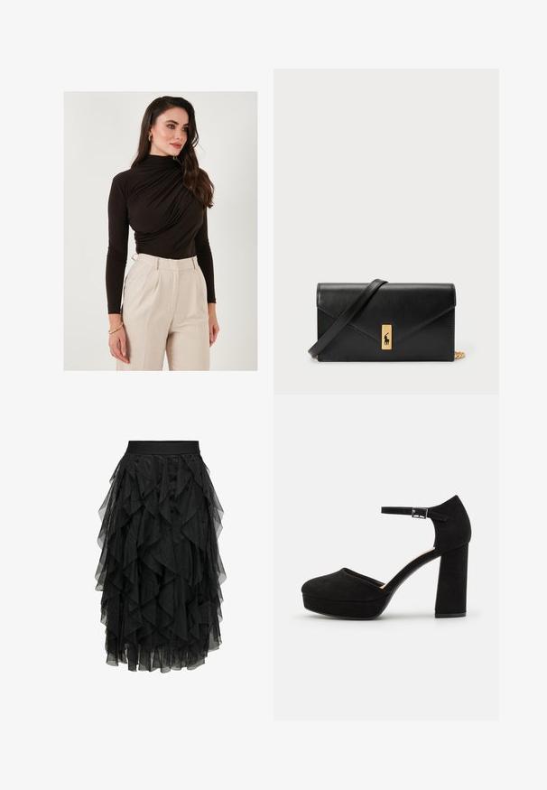 LELA SLIM FIT - Pitkähihainen paita - brown; Musta midi-hame, joka on valmistettu kerroksellisesta tilkuista ja jossa on röyhelömuotoilu. Varustettu joustavalla vyötärönauhalla. Läpinäkyvä kangas tuo tekstuuria ja liikettä.; Mustat mokkanahkaiset korkokengät, joissa on paksu tukikorko, pyöreä kärki ja nilkkavöri, joka on kiinnitetty metallisella soljella. Pintakuvio on sileä.; Mustavärinen nahkalompakko, jossa on käännettävä läppä, kultaiset yksityiskohdat ja logoakseli. Mukana irrotettava olkahihna kuljetusta varten.