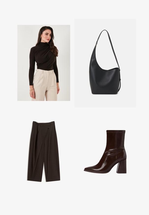 LELA SLIM FIT - Pitkähihainen paita - brown; Tummanruskeat leveälahkeiset housut, joissa on korkea vyötärö, yhden napin sulkea ja pleatattu etuosa. Valmistettu kevyestä kankaasta.; Ruske patentkožne gležnjače s šiljastim vrhom, elastičnim gležnjem i masivnim blok petom. Elegantni dizajn s glatkom teksturom.; Musta nahkainen hobo-laukku, jossa on sileä pinta, kaareva muoto ja yksi säädettävä olkahihna; sisäänkäynti on leveä ylhäältä.