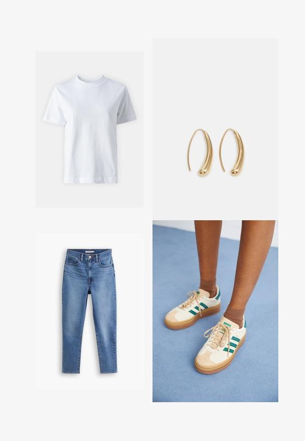 Hvid bomulds t-shirt med rund halsudskæring, korte ærmer, lige snit og glat tekstur. Ingen mønstre eller dekorationer.; Blå højtaljede kvindejeans med frontknap og lynlåslukning, bæltestropper og fem-pockets design, flad på hvid baggrund.; Beige sneakers med mørkegrønne striber, gummisål, overdel i ruskind og tekstil samt neutralt hardware, parret med brune sokker på en lyseblå overflade.; Guldfarvede metal hoops øreringe med en bøjet, forlænget form. Har en glat, skinnende overflade og en afrundet spids for ekstra detalje.
