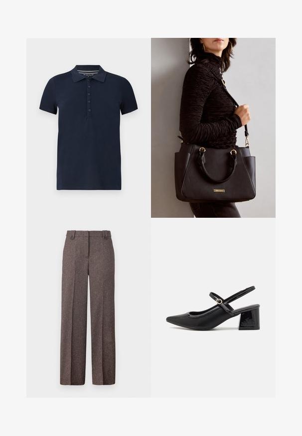 Marineblaues Polohemd mit kurzen Ärmeln aus Baumwollmischgewebe, mit Kragen, einer Knopfleiste mit fünf Knöpfen und einem geraden Saum mit minimaler Naht.; Braune weite Hosen aus strukturiertem Stoff. Verfügt über zwei Vordertaschen und eine taillierte Passform mit zwei Knöpfen am Bund.; Schwarze Lackleder-Slingback-Absätze mit spitzer Zehenform, einem runden Ausschnitt-Design und einem Blockabsatz. Mit einem goldfarbenen Schnallenakzent.; Schwarze Handtasche mit strukturierten Oberflächen, doppelten Obergriffen und verstellbarem Schultergurt. Mit goldfarbener Hardware und Seitentaschen.