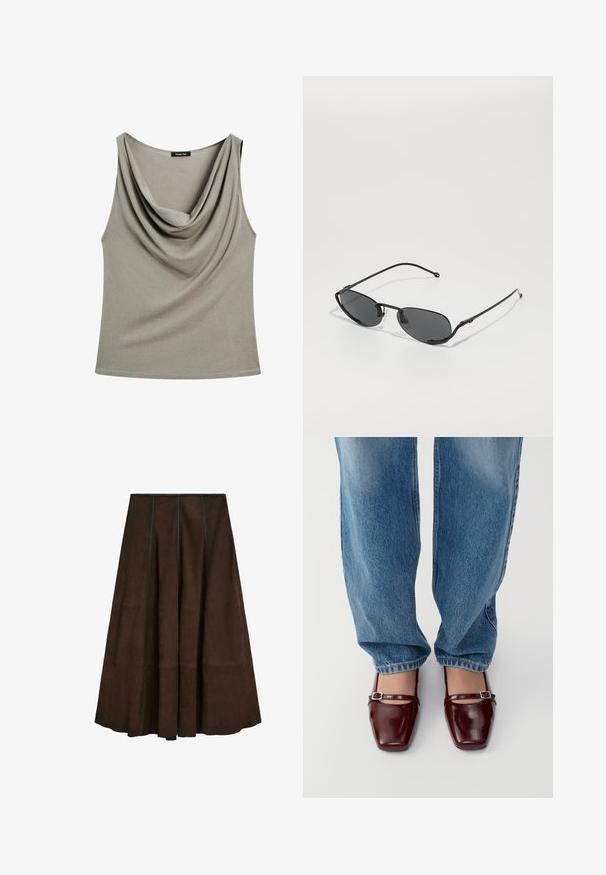 Mouwloze top met een cowl-hals in een zachte, gedempte grijze stof met een comfortabele pasvorm, voorzien van een gladde textuur en geen zichtbare hardware.; Bruine suède midi-rok met een uitlopende ontwerp en verticale naaddetails, met een gladde textuur en een brede zoom.; Bordeaux lakleren schoenen met een vierkante neus en enkelband, gecombineerd met lichtblauwe losse spijkerbroek. De schoenen hebben een glanzende afwerking.; Zwarte zonnebril met smalle ovale lenzen, dunne metalen monturen en verstelbare neuspads. Heeft een strakke, minimalistische uitstraling.; Bruine stoffen sjaal met franjes, gemaakt van zacht materiaal. Bevat een klein wit label met zwarte tekst aan de onderkant.