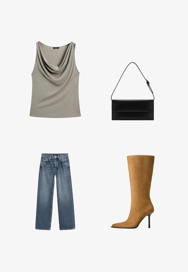 Cowl-neck ærmeløs top i blød, dæmpet grå stof med en afslappet pasform, der har en glat tekstur og ingen synlige metaldele.; Højtaljede brede ben jeans i mellemblå denim med en falmet finish, fem lomme-design og sølvfarvet knaplukning.; Knæhøje suedesko i kamelfarve med spids tå og en tynd høj hæl. Glat tekstur og slank silhuet med minimal detaljering.; Mango Håndtasker - black
