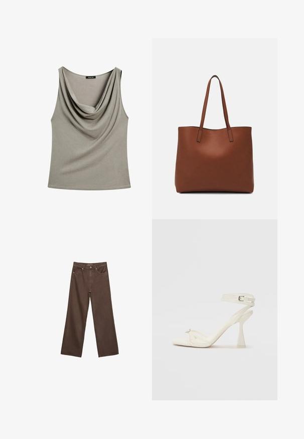 Cowl-neck sleeveless top in soft, muted gray fabric with a relaxed fit, featuring a smooth texture and no visible hardware.; Wide-leg brown jeans made of denim, featuring a high waist, front pockets, and a classic button closure. Smooth texture with subtle stitching.; Strappy high-heeled sandal in white leather with a sleek design, a transparent block heel, and a decorative element at the toe.; Brown leather tote bag with a smooth texture, open top design, and two shoulder straps. Features minimal stitching and no visible hardware.