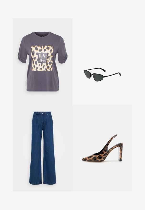 Graues T-Shirt mit kurzen Ärmeln, das ein Leopardenmuster-Quadrat mit goldenen Akzenten und dem Text "LA vibes" in der Mitte zeigt. Weicher, lässiger Stoff.; Weite blaue Jeans mit hoher Taille, vorderem Knopf- und Reißverschlussverschluss sowie Vorder- und Hintertaschen vor einem schlichten Hintergrund.; Pumps mit Leopardenmuster im Slingback-Stil, spitz zulaufend und mit transparentem Blockabsatz. Hergestellt aus glänzendem Material mit glatter Oberfläche.; Schwarze Metallsonnenbrille mit kantigen Rahmen und dunklen Gläsern. Verfügt über dünne, gerade Bügel und Nasenpads für einen sicheren Sitz.