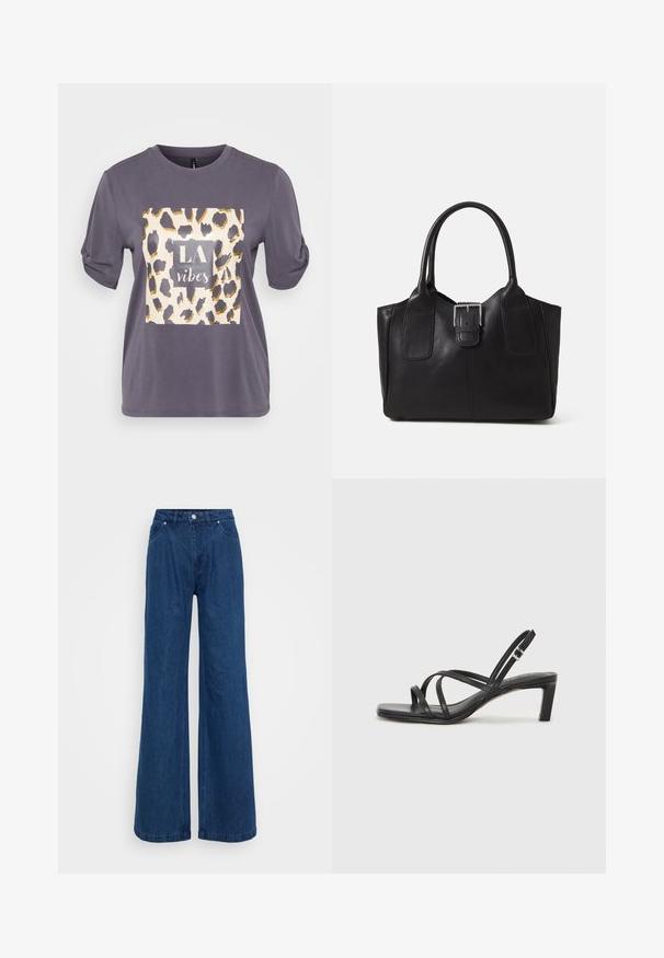 Tricou gri cu mânecă scurtă, având un pătrat cu imprimeu de leopard și accente aurii, cu textul "LA vibes" în centru. Material moale, casual.; Jeans din denim albastru, cu pantaloni largi, talie înaltă, închidere cu buton și fermoar frontal, și buzunare în față și în spate, pe un fundal simplu.; Sandal cu barete negre, cu vârf pătrat și toc mic de bloc. Prezintă mai multe barete subțiri și o bareta ajustabilă la gleznă. Fabricat din piele netedă.; Geantă tote din piele neagră cu textură netedă, formă structurată, două mânere și un detaliu proeminent din aliaj de argint pe partea din față.