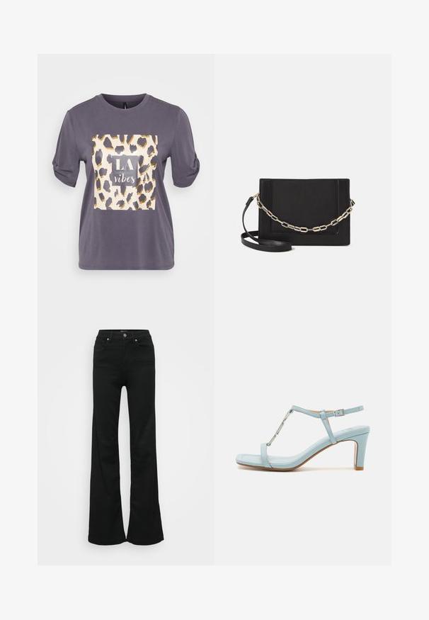 Graues T-Shirt mit kurzen Ärmeln, das ein Leopardenmuster-Quadrat mit goldenen Akzenten und dem Text "LA vibes" in der Mitte zeigt. Weicher, lässiger Stoff.; Schwarze, ausgestellte Jeans aus Denim, mit hoher Taille, fünf Taschen und Metallknopfverschluss. Glatte Textur mit minimaler Gestaltung.; Hellesblaues, knöchelgebundenes, hochhackiges Sandalenmodell mit quadratischem Zehenbereich, das über einen metallischen Akzent und eine elegante, glatte Ledertextur verfügt.; Schwarze Leder-Crossbody-Tasche mit glatter Textur, rechteckiger Form und metallic-kettendetail auf der Vorderseite. Verstellbarer Gurt inklusive.