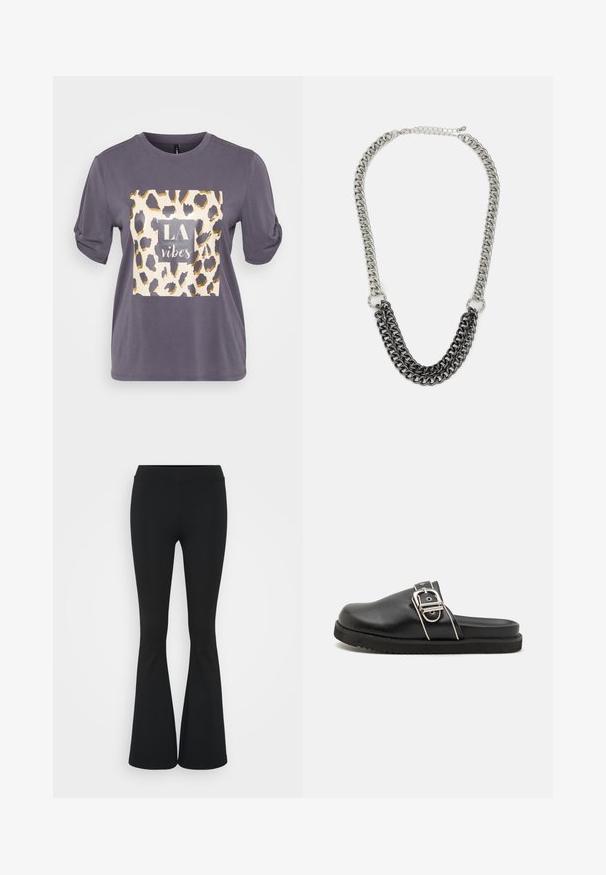 Grå T-skjorte med korte ermer som har en leopardmønstret firkant med gullaccent og teksten "LA vibes" i sentrum. Mykt, uformelt stoff.; Svarte flared bukser laget av elastisk stoff, med høy midje og en glatt tekstur. Buksene vidder ut fra kneet.; RAID NELLIE - Mules - black; Metallkjede med vekslende sølv- og svarte ledd. Har en trelagsdesign og en lås med justerbar kjede.