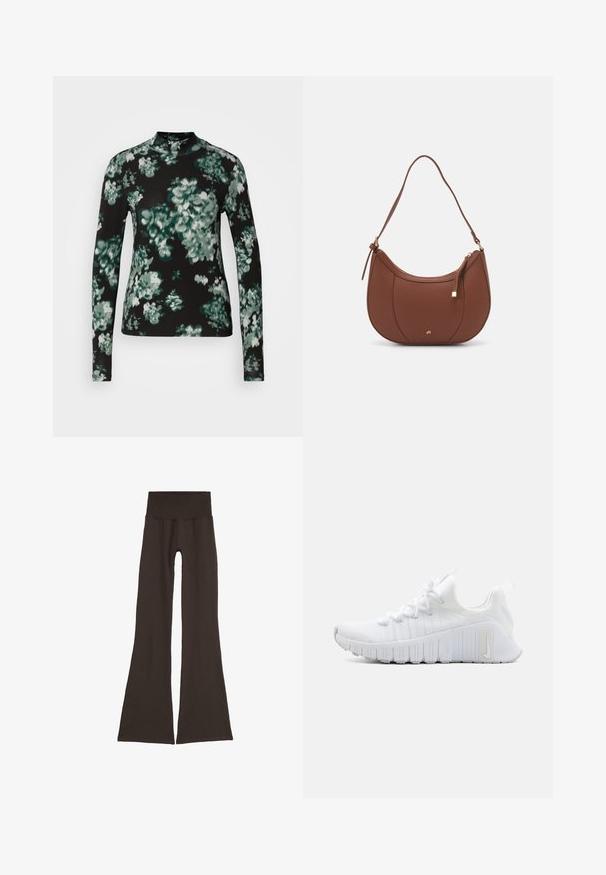 Long-sleeve top made of stretchy fabric, featuring a black background with large green floral patterns and a high neckline.; Dark brown flared leggings with a wide, ribbed waistband. Made from soft, stretchy material, featuring a seamless design and no visible hardware.; White athletic shoe with a textured upper, flat lace closure, and prominent rubber sole with vertical grooves. Features a logo on the side.; Brown faux leather shoulder bag with curved shape, minimal stitching, and a gold-tone hardware accent. Features a top zipper closure and adjustable strap.