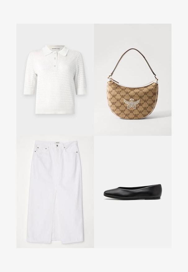 Witte polo met korte mouwen, voorzien van een gestructureerd breisel, met een knoopsluiting en een contrasterende kraag. Fijne ruitpatroon over het hele ontwerp.; Witte spijkerrok met een voorklep, vijf-pocket ontwerp, metalen knop- en ritsluiting, en gestikte zoomdetails.; Paul Smith TOPANGA - Ballerina's - black; Beige schoudertas met een bruin logo patroon, witte accenten en een gebogen vorm. Heeft een bruine schouderband en een ritssluiting.