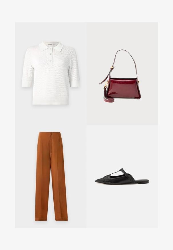Witte polo met korte mouwen, voorzien van een gestructureerd breisel, met een knoopsluiting en een contrasterende kraag. Fijne ruitpatroon over het hele ontwerp.; Wijde broekspijpen in een warme bruine kleur, met een zachte textuur, hoge taille en contrasterende witte stiksels langs de naden.; Zwarte leren slingback schoen met een puntige neus, voorzien van een gevlochten accent en geplooid ontwerp aan de bovenkant. Platte zool met minimale hardware.; Bordeaux patentleren tas met een gestructureerd ontwerp, een bovenste ritssluiting en een afneembare schouderriem. Accenten van goudkleurig beslag.
