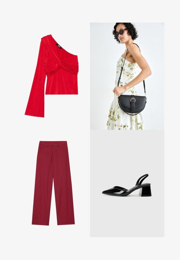 Raudonas, prigludęs viršus su asimetriniu vieno peties dizainu. Yra drapiruota medžiaga ir ilga, platėjanti rankovė su tekstūruotu paviršiumi.; Platus kojos kelnės pagamintos iš glotnaus, tekstūruoto audinio tamsiai raudonos spalvos. Turi priekinę kišenę ir vieną sagą liemens srityje.; Juodos lakuotos odinės šlepetės su smailiu pirštu ir geometriniu bloko kulnu. Turi elegantišką, minimalistinį dizainą ir lygų paviršių.; Juodas odinis krepšys su išlenkta forma, nuimamu dirželiu ir auksiniais detalėmis. Krepšys turi kilpą su sagtimi.