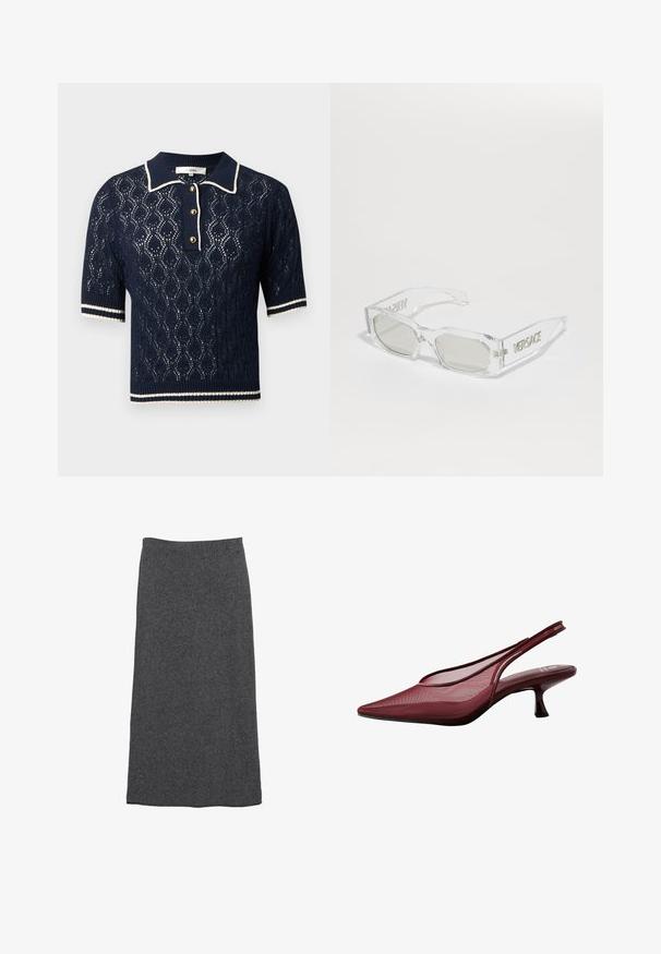 Tengerészkék kötött pólós pulóver csipke mintával, rövid ujjú, galléros nyakkal és három aranygombbal, fehér csíkozott részletekkel.; Szürke gyapjú maxi szoknya egyenes szabással és rugalmas derékkal, amely puha tapintású és sima felületű. Nincs látható minta vagy kiegészítő.; Burgundi színű, slingback magassarkú cipők hegyes orral és hálós felsőrésszel. Karcsú sarokkal és kivágott dizájnnal rendelkezik, amely elegáns sziluettet kölcsönöz.; Átlátszó műanyag napszemüveg szürke lencsékkel, téglalap alakú, a szárakon domború "Versace" logóval, bemutatva a modern dizájnt.; Burgundi bőr hobo táska ívelt fogantyúval és puha, texturált testtel. Záródása cipzáros, és minimális varrási részletekkel rendelkezik.