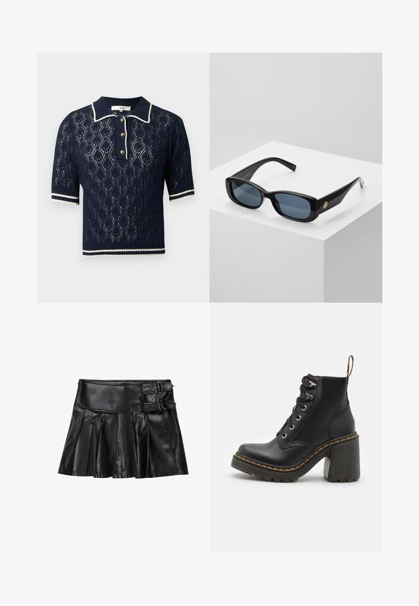 Marineblå strikket polo sweater med blonder, korte ærmer, krave og tre gyldne knapper, samt hvide stribede detaljer.; Sort læderskirt med pliser, bred talje og to spænde-accenter på siden. Glat tekstur med en blank finish.; Sorte læder ankelstøvler med en kraftig høj hæl, snørebånd foran, metaløjer og gule sting langs sålen. Tekstureret gummisål.; Sorte rektangulære solbriller med tonede blå linser, tykke rammer og en guldcirkelformet accent på siden. Slank, blank finish.; Burgunderfarvet håndtaske lavet af syntetisk materiale med et struktureret design, der har en aftagelig skulderrem og et blomstermønstret tørklæde bundet til håndtaget.