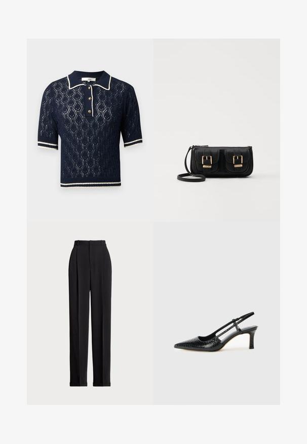 Jūras spēku adīts polo džemperis ar mežģīņu rakstu, īsām piedurknēm, apkakles kaklu un trim zelta pogām, ar baltām svītrojuma akcentiem.; Melnas piegriezuma bikses ar augstu jostasvietu, priekšā ar krokām, taisna kāju dizains un ar aprocēm. Izgatavotas no gludas auduma.; Melna patent āda ar slīdošo papēdi un smailo purngalu, ar teksturētu čūsku drukājumu, regulējamu siksniņu un īsu teksturētu blokpapēdi.; Melnas ādas crossbody soma ar divām priekšējām kabatām, zelta sprādzēm, ar rāvējslēdzēju aizdari un šauru siksnu. Strukturēta virsma un kompakta taisnstūra forma.