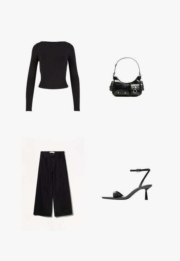 Top crop negru, cu mâneci lungi, realizat dintr-un material moale și elastic, cu un design simplu și ajustat, având un decolteu larg. Fără modele sau embellishement.; Bershka WIDE-LEG - Wide leg - black; Bershka Sandale cu toc - black; Geantă de mână din piele lăcuită neagră, cu o formă curbată, un umăr, buzunare frontale și accente din metal argintiu.