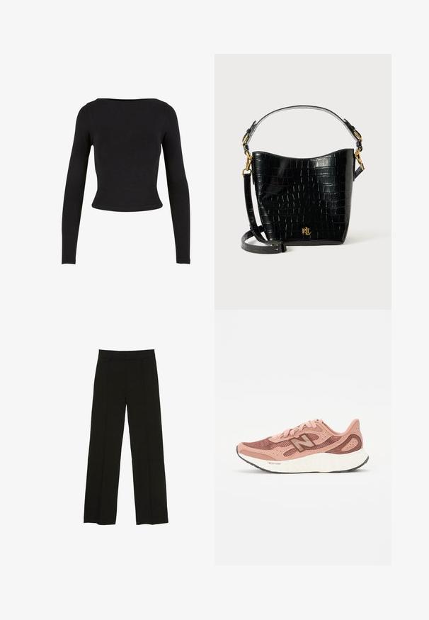 Zwarte, langmouwige crop-top van zacht, rekbaar materiaal met een eenvoudig, aansluitend ontwerp en een brede halslijn. Geen patronen of versieringen.; Zwarte wijde pantalon gemaakt van een soepele stof, met een aansluitende tailleband en subtiele plooien aan de voorkant voor extra textuur.; Roze hardloopschoen met een bovenkant van mesh, voorzien van een gestructureerd ontwerp en bruine accenten. Lichtgewicht zool met aanzienlijke demping.; Zwarte croco-embossed leren tas met een gebogen ontwerp, gouden hardware-accenten, een verstelbare schouderriem en een logo-detail aan de voorkant.