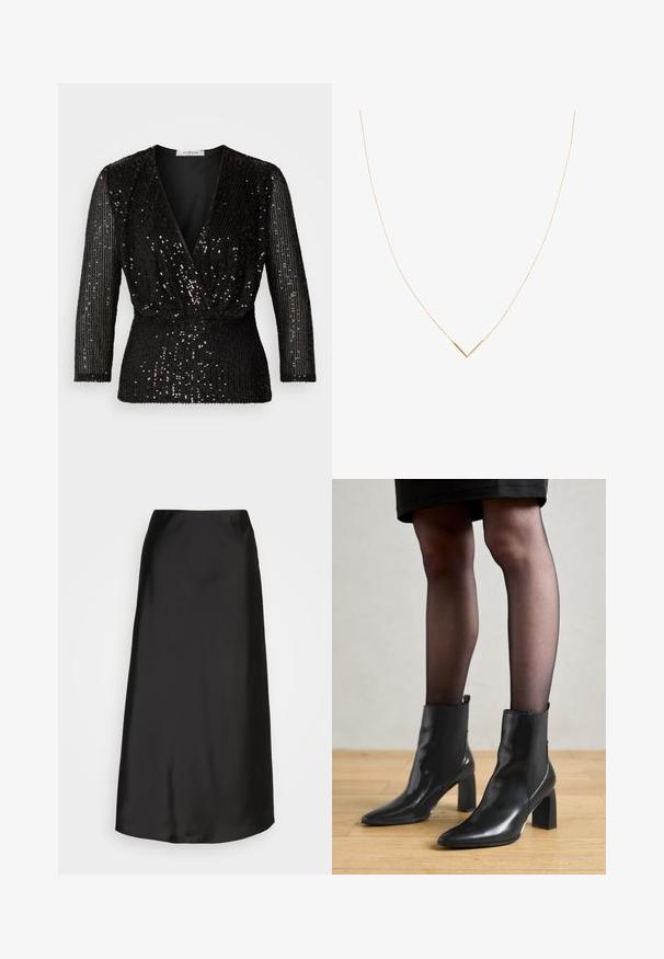 Fekete felső mély V-nyakkivágással, háromnegyedes ujjakkal és teljes felületen fekete flitterekkel. A dizájn magában foglalja a megkötött derekat, így fittebb megjelenést biztosít.; Fekete selyem midi szoknya sima textúrával, A-vonallal és finom fényességgel. Elegáns, egyszerű kialakítással rendelkezik, díszítések nélkül.; Fekete bőr bokacsizma, hegyes orral, vastag négyzetes sarkal és letisztult dizájnnal. Az egyszerű felvételt segítő elasztikus oldalsó panelek jellemzik.; Arany színű nyaklánc vékony lánccal és V alakú medállal. Letisztult dizájn sima, fényes felülettel és minimális részletezéssel.