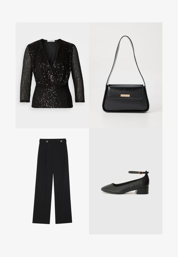 Fekete felső mély V-nyakkivágással, háromnegyedes ujjakkal és teljes felületen fekete flitterekkel. A dizájn magában foglalja a megkötött derekat, így fittebb megjelenést biztosít.; Fekete, bő szárú nadrág magas derékkal, gombos részletekkel a derékrészen és elülső pliszékkal.; Fekete bőr magassarkú cipő hegyes orral és alacsony tömb sarkal. Bokapánttal rendelkezik, aranyszínű csattal. Simább textúra.; Fekete bőr kézitáska strukturált háromszög alakú, vékony pánttal és arany színű fémszíjjal, elöl található logó plakettel a fedélön.