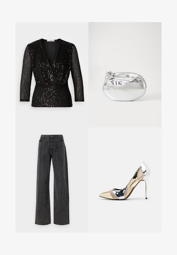 Melnas krēslas tops ar dziļu V-veida kakla izgriezumu, trīs ceturtdaļu garuma piedurknēm un melnām spīdīgām pērlītēm visā virsmā. Dizainā ir iekļauts savilcīgs viduklis, lai panāktu pieguļošu izskatu.; Noisy May NMJANNEL LOOSE - Brīva piegriezuma džinsi - black denim; Apspīlēta augstpapēžu kurpe ar zeltītu, sudrabi un neitrālu krāsu kombināciju. Spīguļojoša virsma ar izgriezuma dizainu, aprīkota ar stiletto papēdi.; Sudraba metāliska poga somiņa ar mīkstu, noapaļotu formu un mezgla augšējo aizdari. Izgatavota no gludas mākslīgās ādas materiāla.; Sudraba gredzenveida auskari ar minimālistisku dizainu. Cirkulāra forma, gluda tekstūra un plāns profils. Vieglu svaru ar spīdīgu apdari.