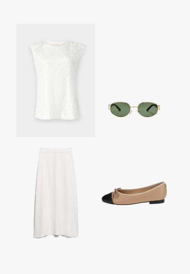 Top bianco senza maniche con texture di paillettes, scollatura rotonda e design delle spalle leggermente esagerato. Tessuto leggero e liscio.; Gonna A-line bianca realizzata in tessuto liscio, con un'alta vita e un design che arriva fino al pavimento, caratterizzato da una leggera drappeggiatura.; Ballerine in pelle beige con punta nera. Presenta un dettaglio a fiocco sul davanti e una texture liscia. Design a profilo basso con suola in gomma.; Occhiali da sole con montatura dorata e lenti verdi, forma ovale, stanghette nere e naselli trasparenti. Design pulito e minimalista.