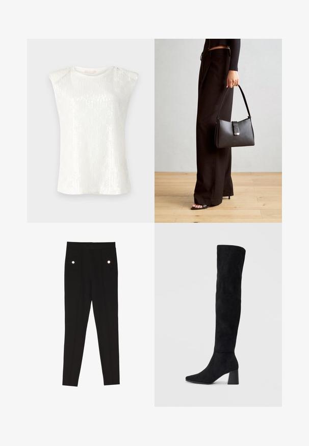 Mouwloos wit topje met een sequintextuur, ronde halslijn en iets overdreven schouderontwerp. Lichtgewicht, gladde stof.; Zwarte op maat gemaakte broeken met een gladde textuur, voorzien van twee voorkruim pockets met decoratieve hardwareaccenten en een slim-fit ontwerp.; Zwarte suède kniehoge laars met blokhak, spitse neus en een glad, naadloos ontwerp op een effen lichte achtergrond.; Zwarte handtas met gestructureerde vorm, gladde textuur en een metalen sluiting. Gecombineerd met brede zwarte broeken en sandalen met open teen op een houten vloer.