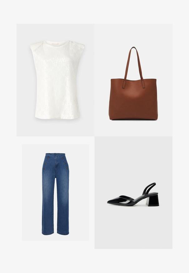 Sleeveless white top featuring a sequin texture, round neckline, and slightly exaggerated shoulder design. Lightweight, smooth fabric.; High-waisted denim jeans in medium blue. Features front button accents and wide-leg design. Fabric has a smooth texture with slight fading.; Black patent leather slingback heels with a pointed toe and a geometric block heel. Features a sleek, minimal design and smooth texture.; Brown leather tote bag with a smooth texture, open top design, and two shoulder straps. Features minimal stitching and no visible hardware.